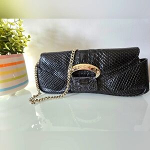 ARNOLD CHURGIN Leather Black Clutch/Shoulder Bag with Silver Chain